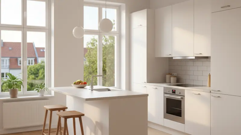 Moderne günstige Einbauküche in hellem Design mit Kücheninsel