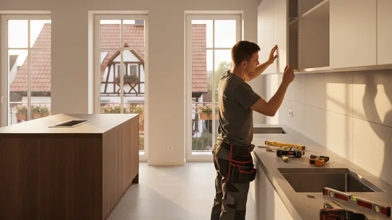 Professioneller Küchenmonteur montiert Hängeschränke