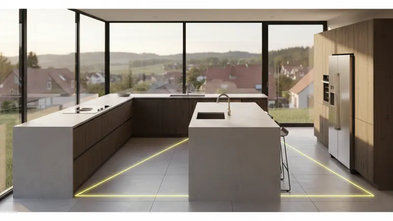L-förmiger Küchenplan mit eingezeichnetem Arbeitsdreieck