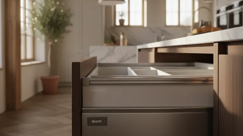 Nahaufnahme einer Schublade mit hochwertigen Soft-Close-Beschlägen