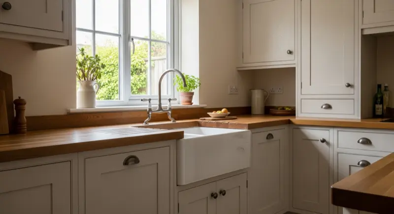 Klassische Häcker Küche in Weiß mit Holz-Arbeitsplatte und Landhausstil-Elementen