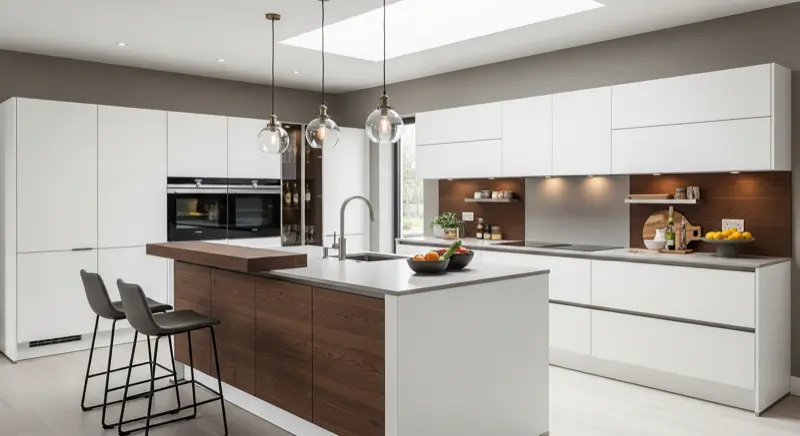 Moderne Häcker Küche mit grifflosen Fronten und Kochinsel in hellem Design