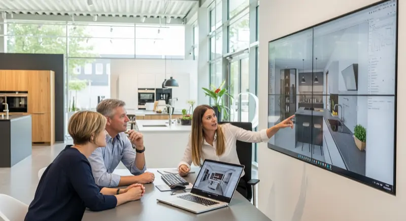 Küchenplanung im Studio: 3D-Visualisierung einer Häcker Küche am Bildschirm