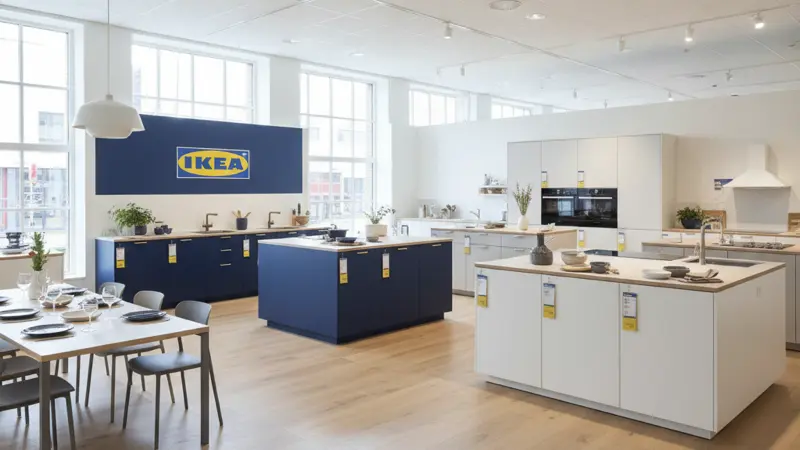 IKEA Küche Showroom mit verschiedenen METOD-Küchenmodellen in moderner Ausstellung