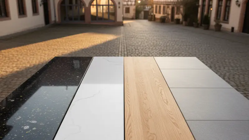 Verschiedene Arbeitsplatten-Materialien: Granit, Quarz, Holz und Keramik