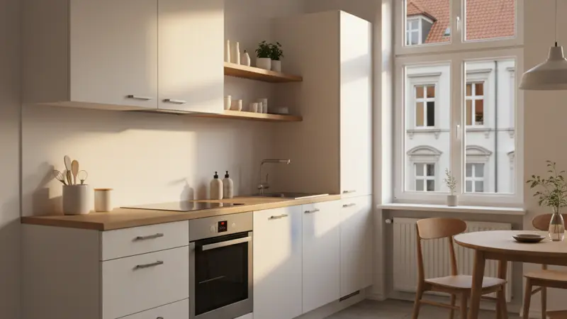 Budget-Küche mit weißen Fronten und Holz-Arbeitsplatte in einer Mietwohnung