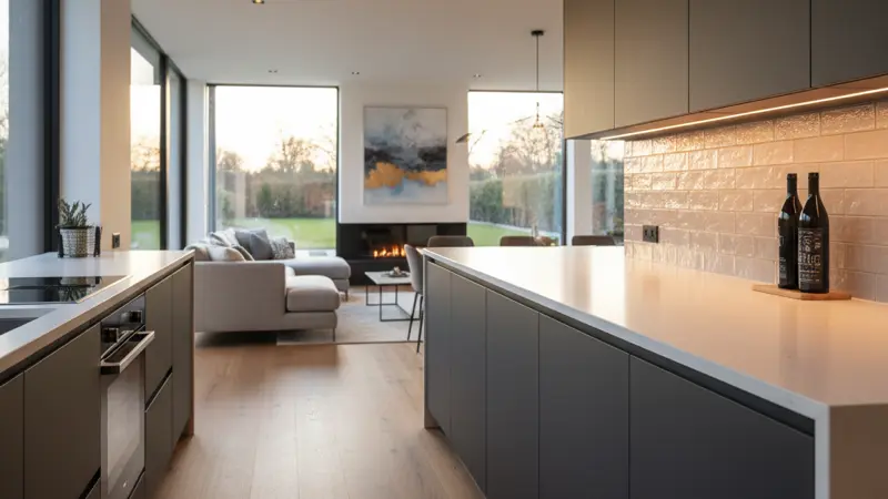Luxus-Küche mit Kochinsel, grifflosen matten Fronten und integrierter Beleuchtung