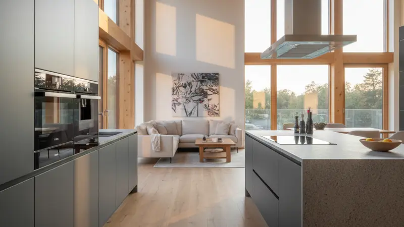 Premium-Küche mit Granit-Arbeitsplatte und dunkelgrauen Lackfronten