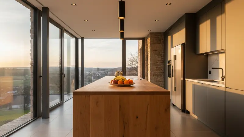 Einbau-Downlights in der Küchendecke beleuchten eine Kochinsel