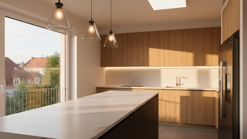 Moderne Küche mit drei Lichtebenen: Deckenleuchte, Unterbauleuchten und Akzentbeleuchtung