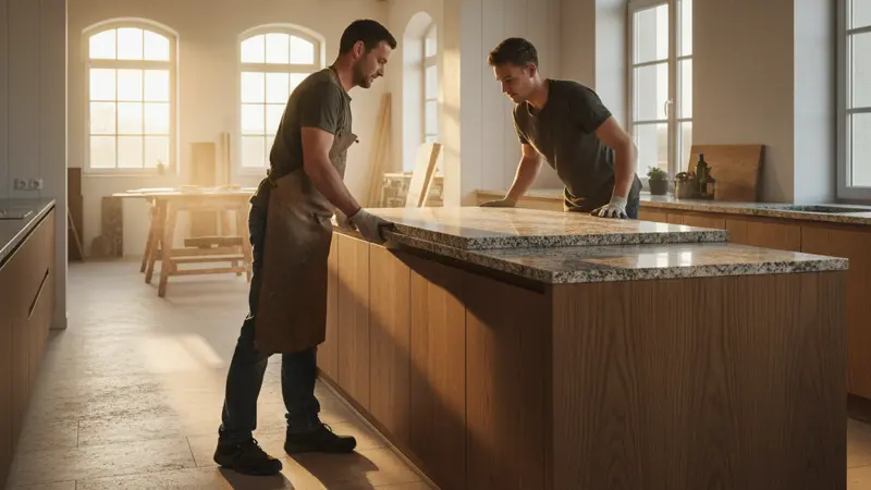 Fachhandwerker installieren eine schwere Naturstein Arbeitsplatte auf Küchenschränken