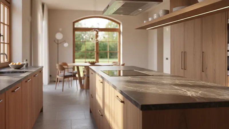 Moderne Küche mit polierter Granit Arbeitsplatte und warmen Holzfronten