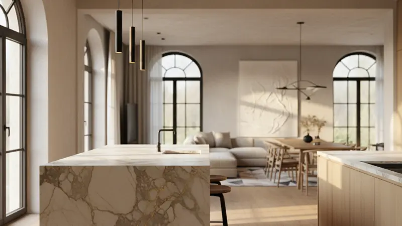 Moderne Kücheninsel mit Naturstein Arbeitsplatte und Wasserfall Kante in offenem Wohnraum