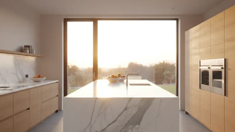 Weiße Carrara Marmor Arbeitsplatte mit charakteristischer grauer Aderung in einer hellen modernen Küche
