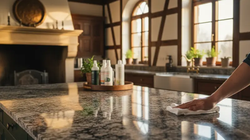 Pflege einer Naturstein Arbeitsplatte: Imprägnierung wird auf Granit Oberfläche aufgetragen