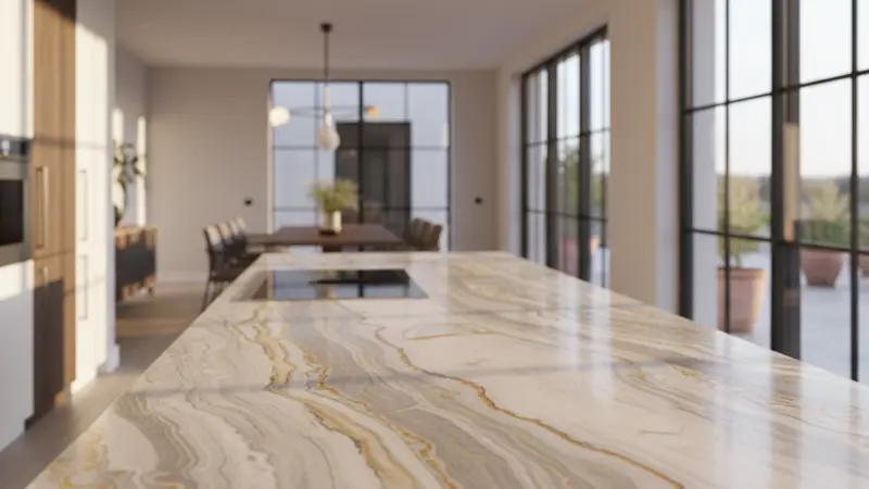 Nahaufnahme einer Quarzit Arbeitsplatte mit silbrig weißen und goldenen Schichtmustern