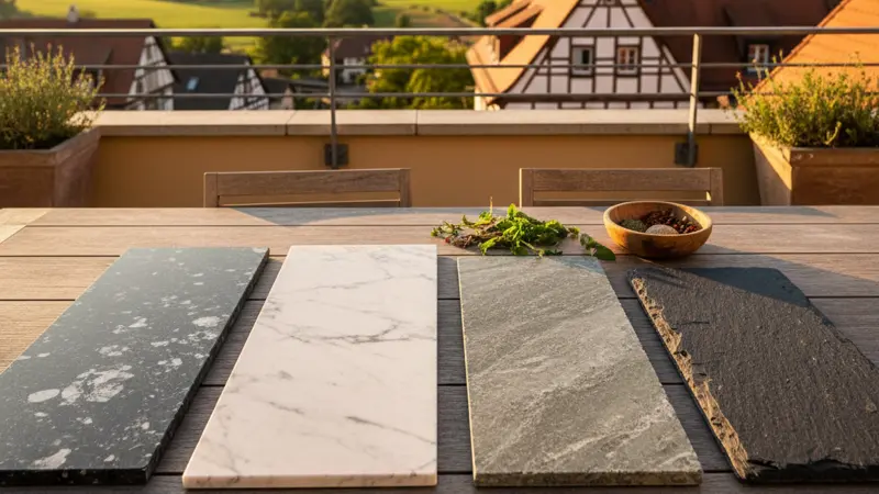 Verschiedene Natursteinmuster für Küchenarbeitsplatten nebeneinander: Granit, Marmor, Quarzit und Schiefer
