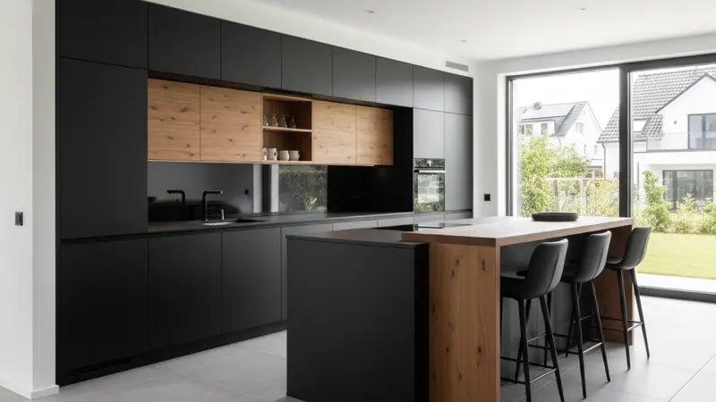 Moderne Nolte Küche mit grifflosen Fronten und Kochinsel in hellem Design