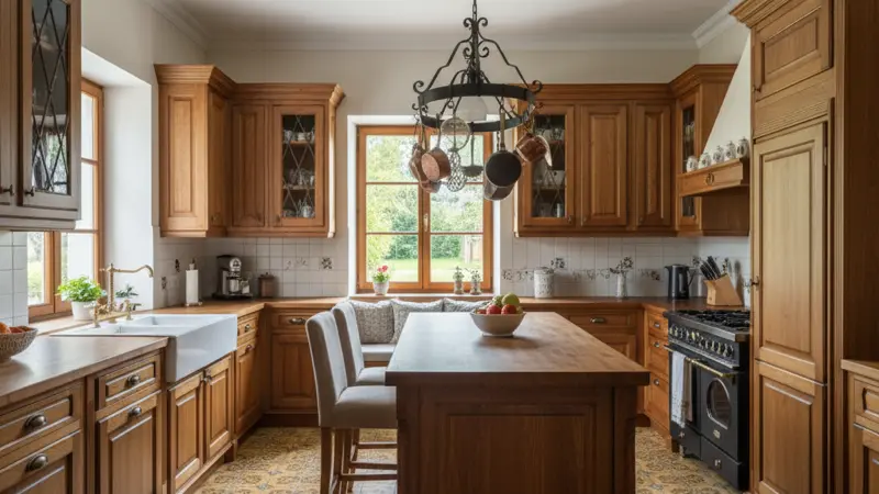 SieMatic Classic Küche mit Rahmentüren, Glasvitrinen und warmem Farbkonzept