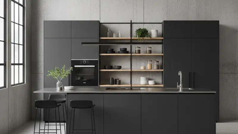 SieMatic Urban Küche mit offenen Regalen, Metallelementen und industriellem Loft-Design