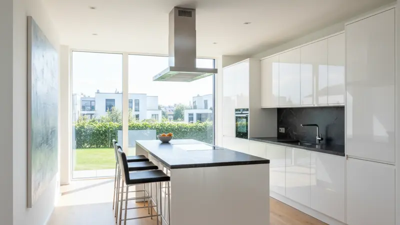 Moderne weiße Küche mit Hochglanz-Fronten und dunkler Naturstein-Arbeitsplatte