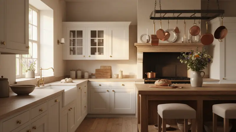 Weiße Landhausküche mit Kassettenfronten und Messing-Griffen