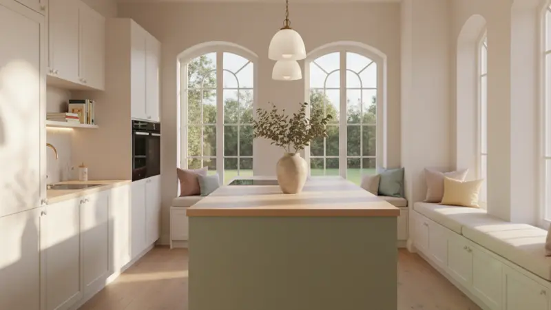 Weiße Küche mit Salbeigrün als Akzentfarbe an der Kücheninsel