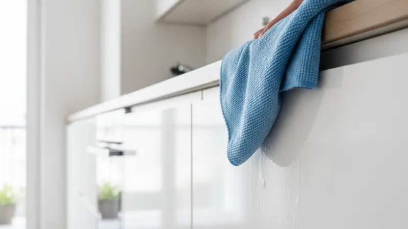 Reinigung einer weißen Hochglanz-Küchenfront mit Mikrofasertuch