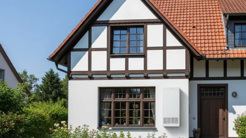 Außengerät einer Luft-Luft-Wärmepumpe an einer Hausfassade