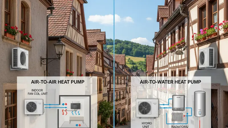 Vergleich Luft-Luft und Luft-Wasser-Wärmepumpe im Schema
