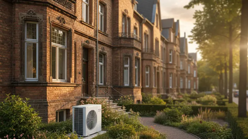Altbau mit moderner Wärmepumpe im Garten