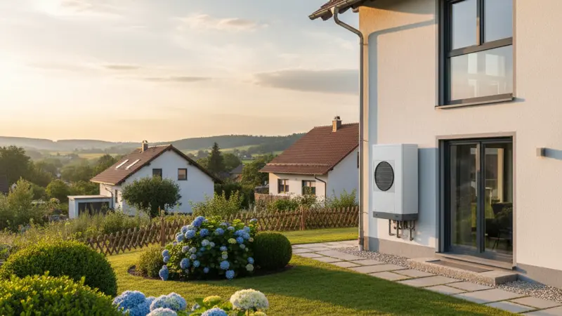 Luft-Wasser-Wärmepumpe Außengerät an einem deutschen Einfamilienhaus