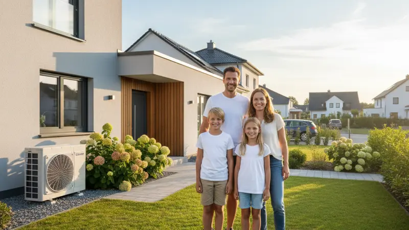 Familie vor ihrem Haus mit Wärmepumpe
