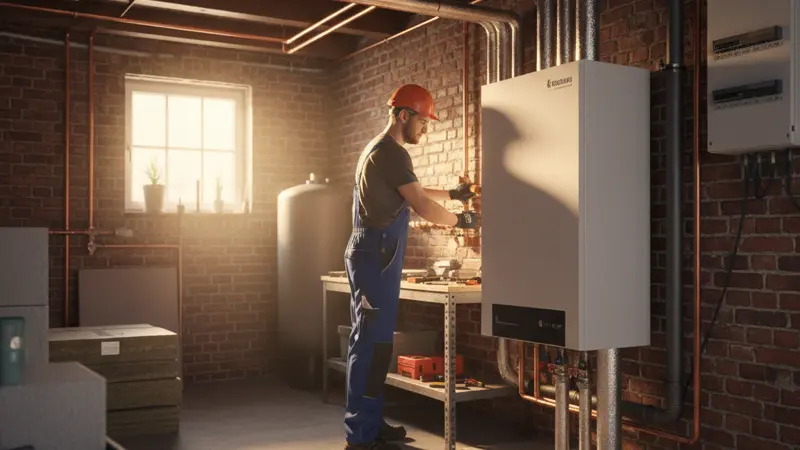 Fachbetrieb installiert Wärmepumpe im Heizungskeller