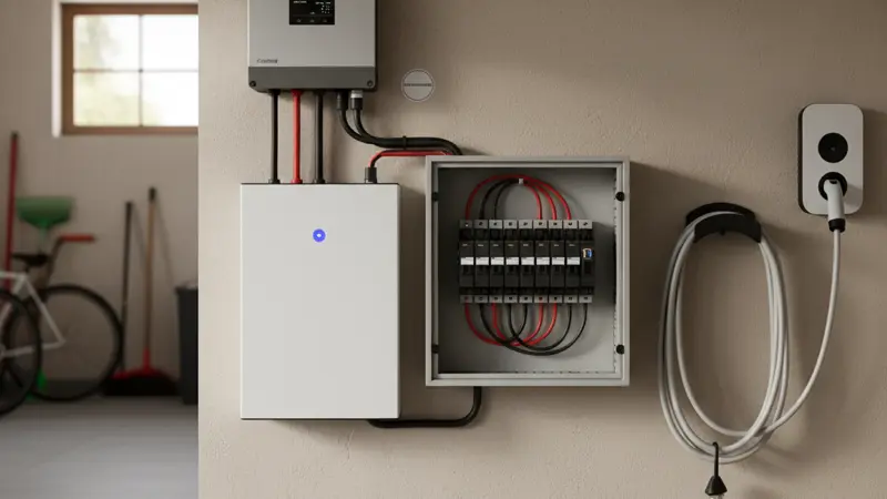 Moderner Batteriespeicher an der Wand einer Garage neben einem Sicherungskasten