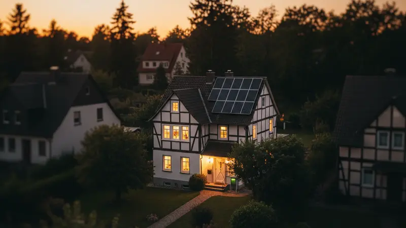 Einfamilienhaus bei Stromausfall, beleuchtete Fenster dank Notstrom, Nachbarschaft dunkel