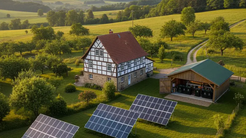 Autarke Inselanlage mit freistehenden Solarmodulen im Garten eines ländlichen Ferienhauses