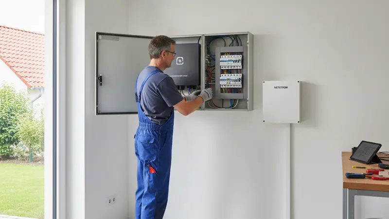 Elektriker installiert Hybridwechselrichter am Zählerschrank eines Einfamilienhauses