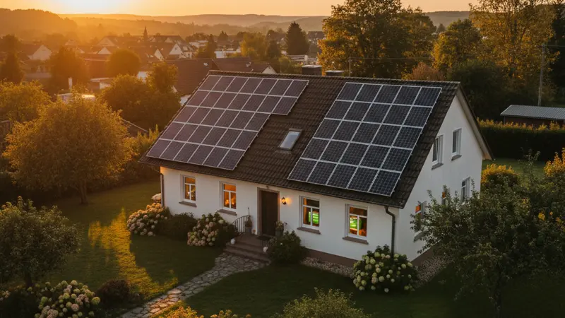 Einfamilienhaus mit Solaranlage auf dem Dach bei Dämmerung, beleuchtete Fenster zeigen Notstromversorgung