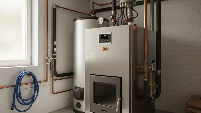 Moderner Pelletkessel im Technikraum eines Einfamilienhauses