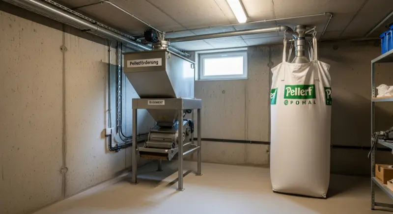Pelletlager mit Gewebetank im Kellerraum