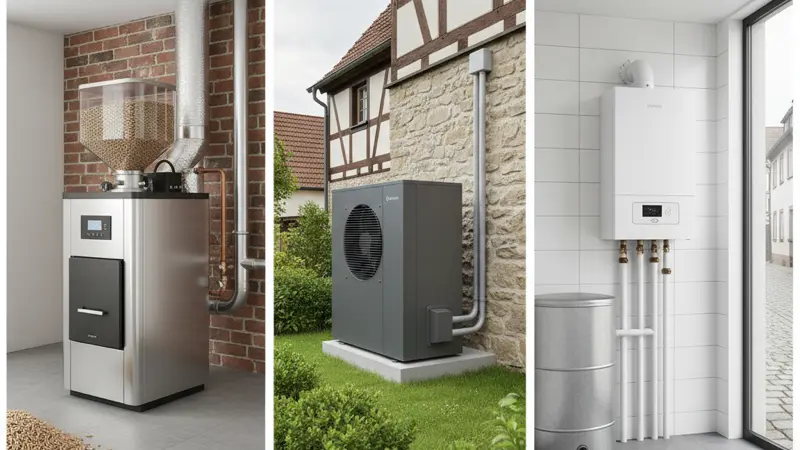 Vergleich Pelletheizung und Wärmepumpe nebeneinander