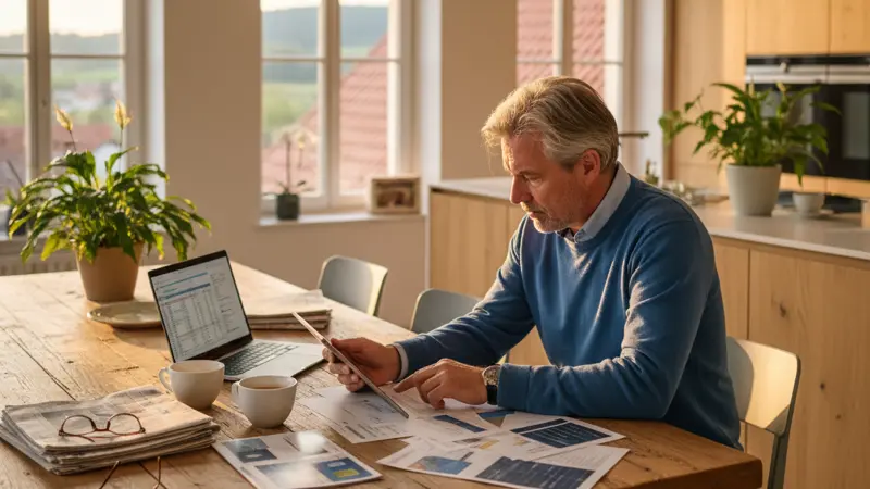 Hausbesitzer vergleicht verschiedene Solar-Angebote am Küchentisch