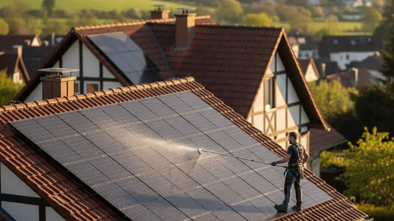 Professionelle Reinigung von Solarmodulen mit Teleskopbürste