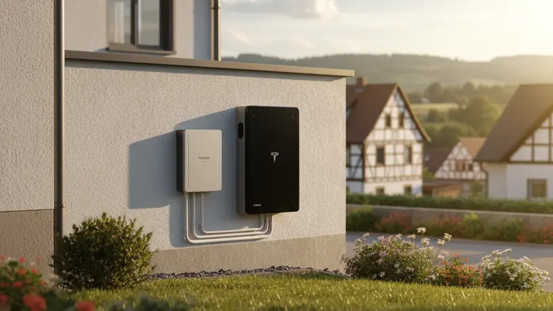 Moderner Batteriespeicher neben Wechselrichter in einem Hauswirtschaftsraum