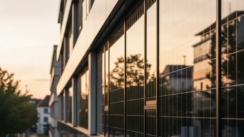 Nahaufnahme von BIPV Glas-Glas-Modulen an einer modernen Gebaeudefassade