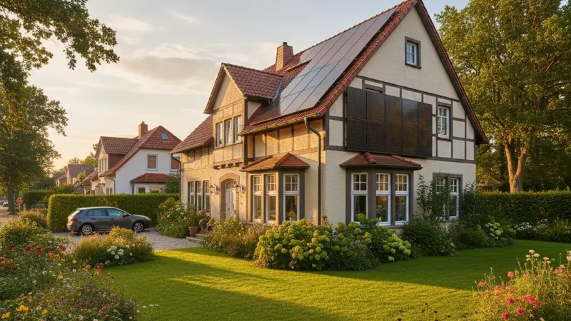 Einfamilienhaus mit Solarmodulen an der Süd-Giebelfassade