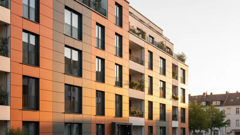 Farbige BIPV-Fassadenmodule in Terrakotta und Grautönen an einem modernen Wohngebäude