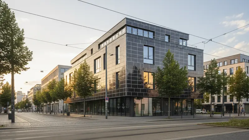 Modernes Gebaeude mit Photovoltaik-Fassade und integrierten BIPV-Solarmodulen