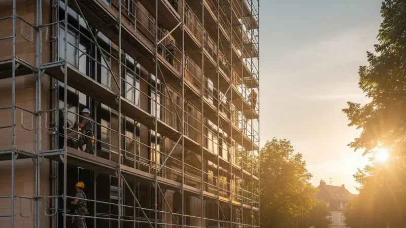 Fassadensanierung mit BIPV-Solarmodulen, Gerüst und Montagearbeiten